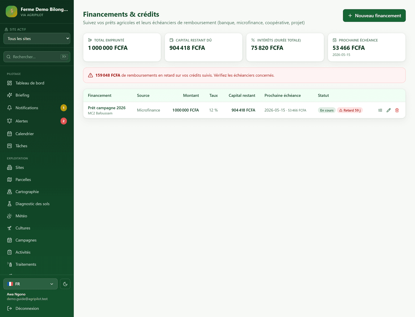 Financements dans AgriPilot