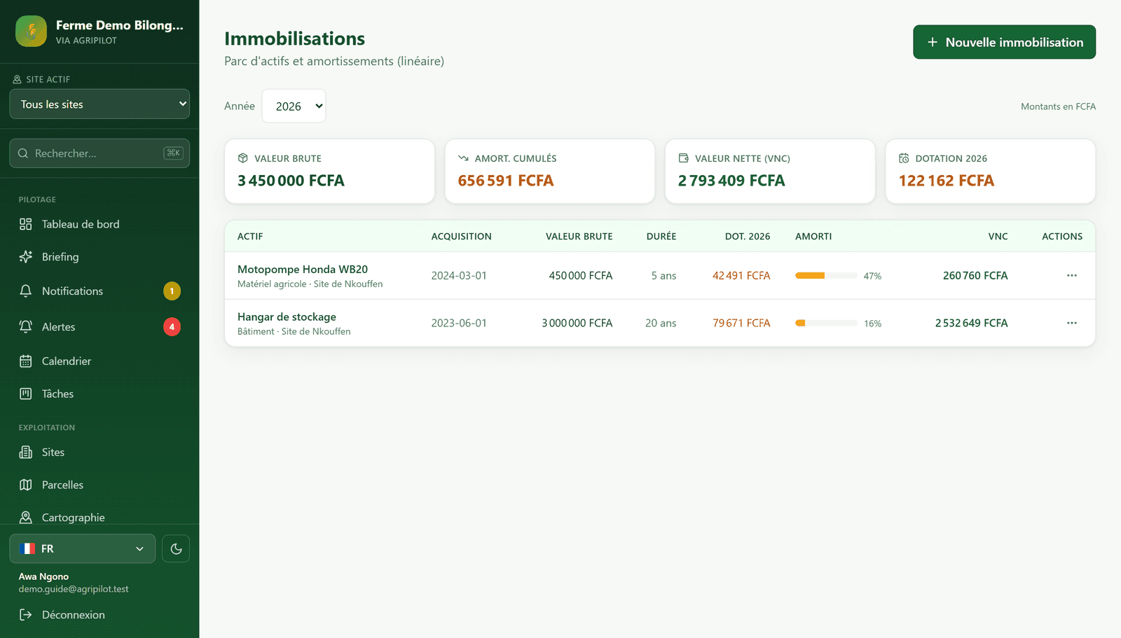 Immobilisations dans AgriPilot