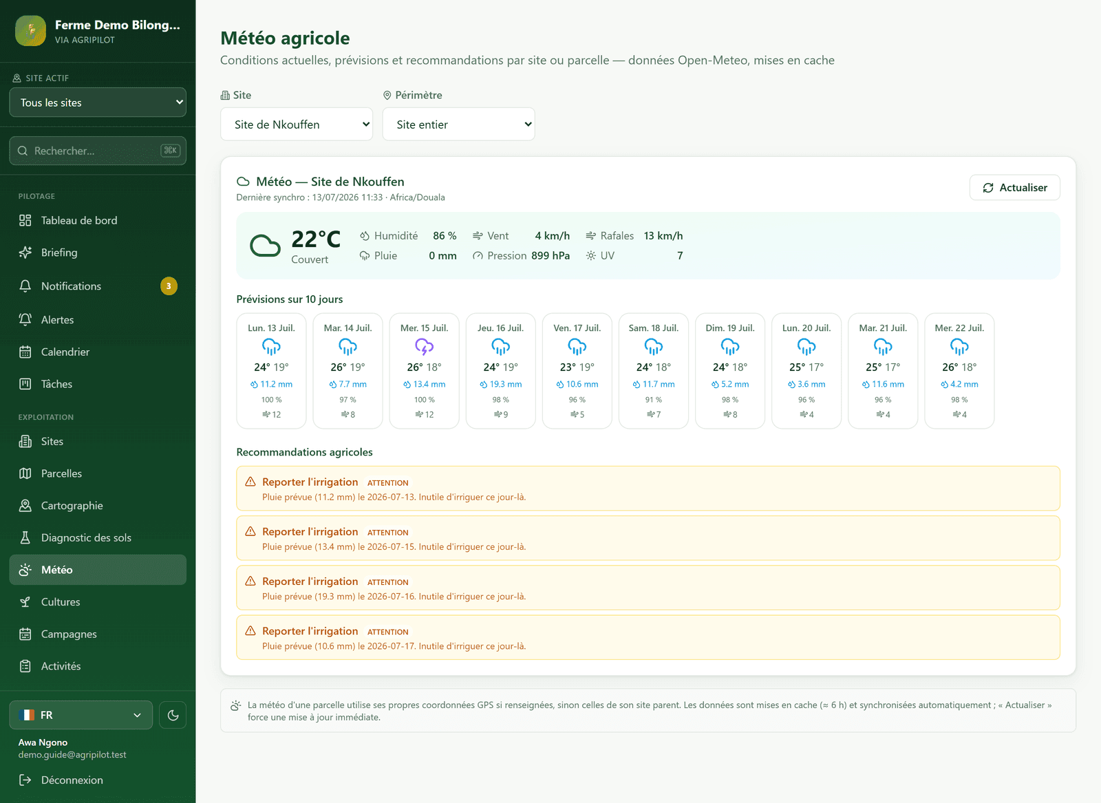 Météo et prévisions dans AgriPilot