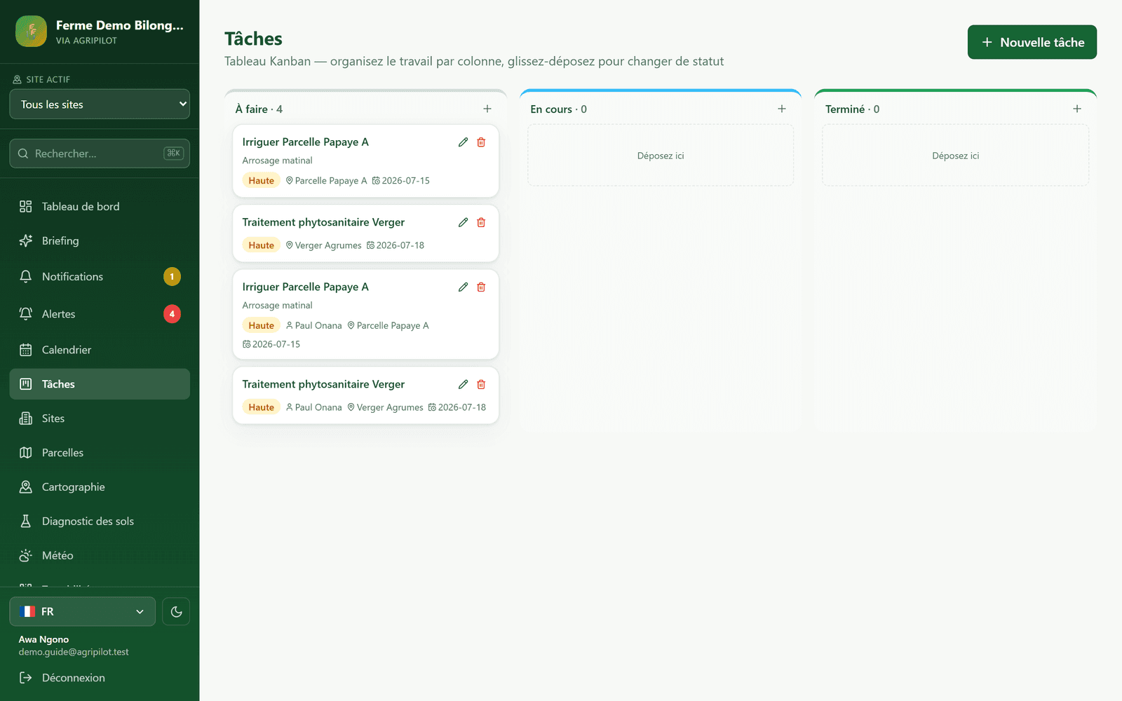 Tâches et planning dans AgriPilot
