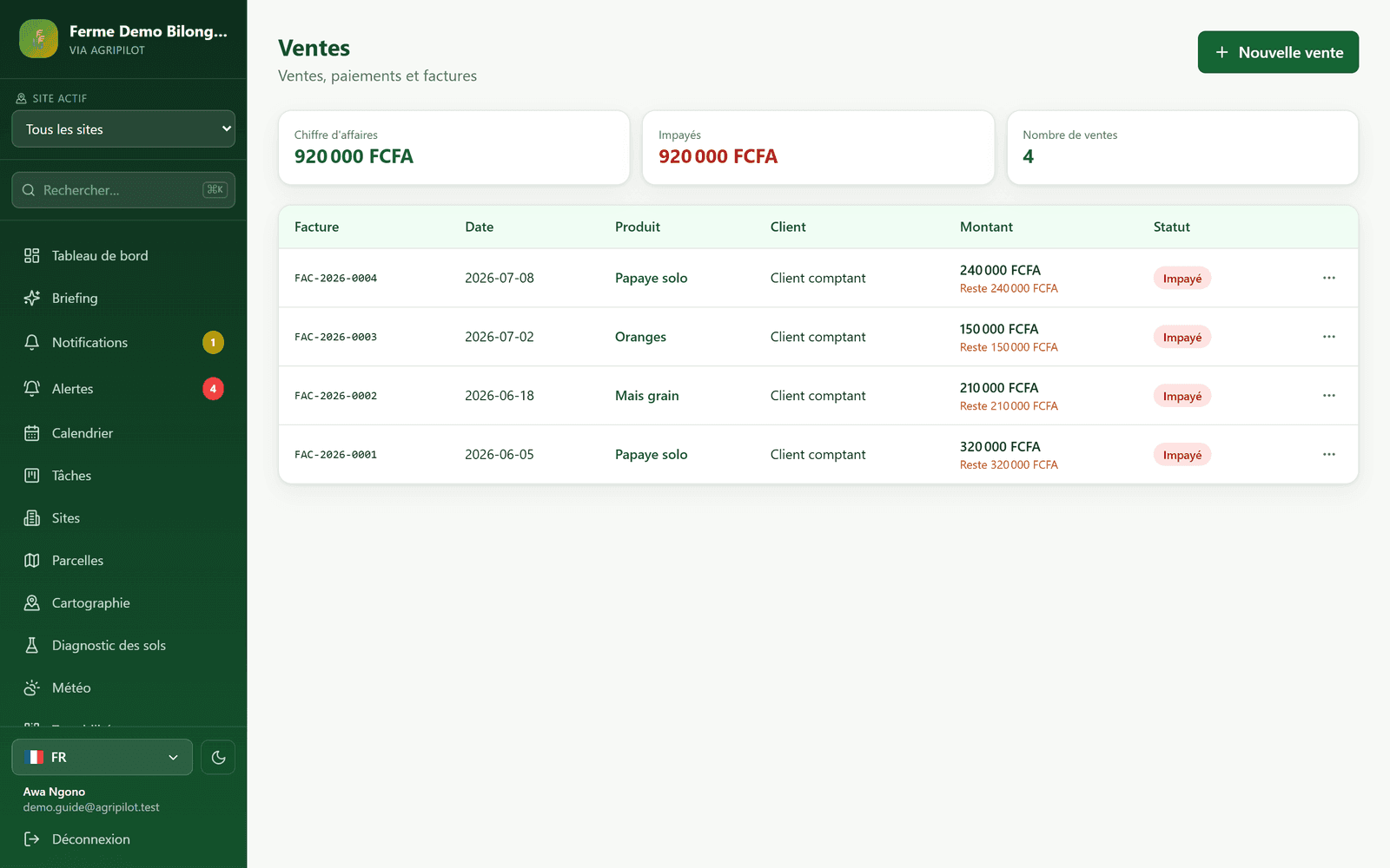 Ventes et factures dans AgriPilot